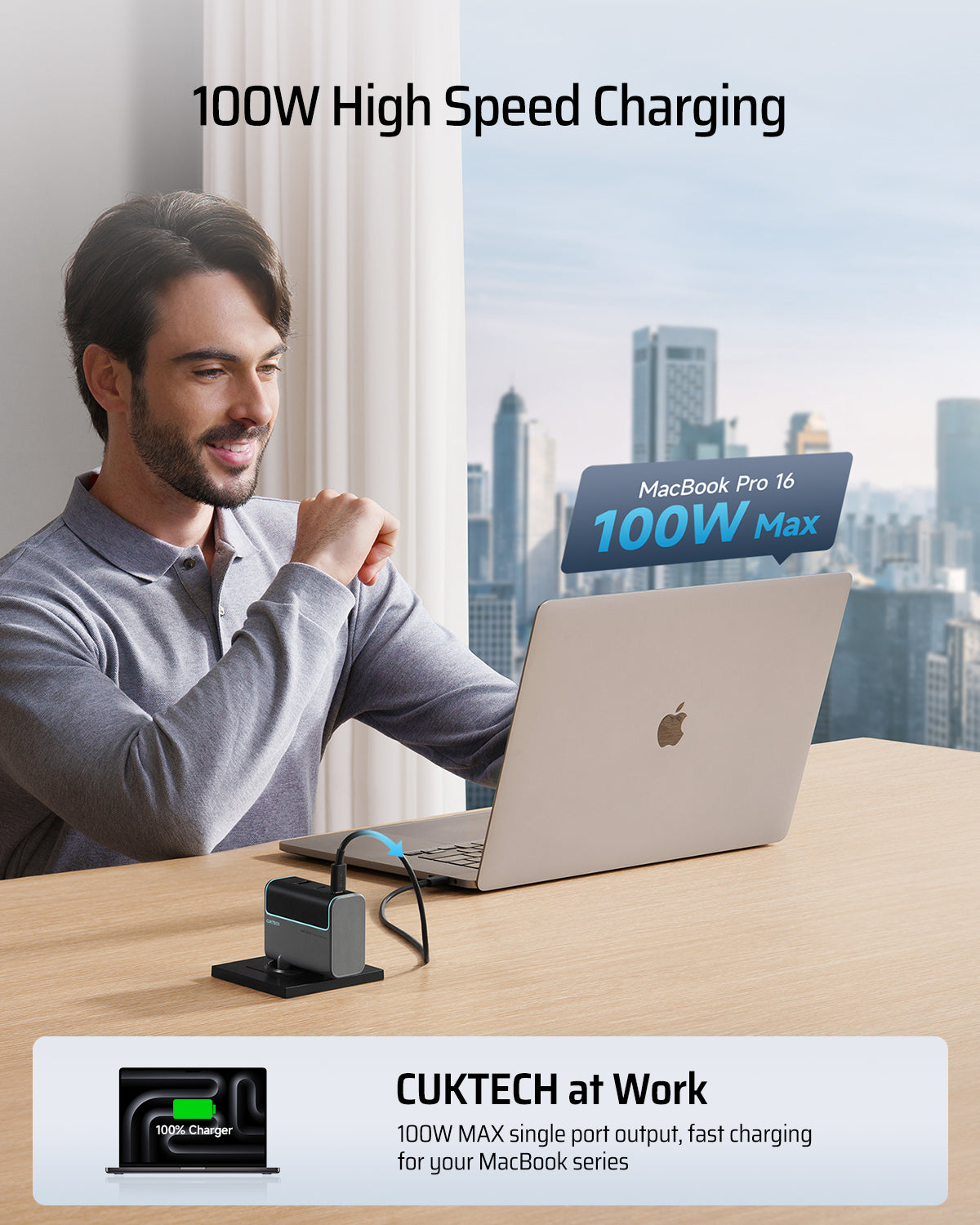 INCARCATOR retea Cuktech 2C1A Quick Charge 100W, 2 x USB Type-C Output, 1 x USB Output, include Cablu USB Type-C la USB Type-C 1m, gri 