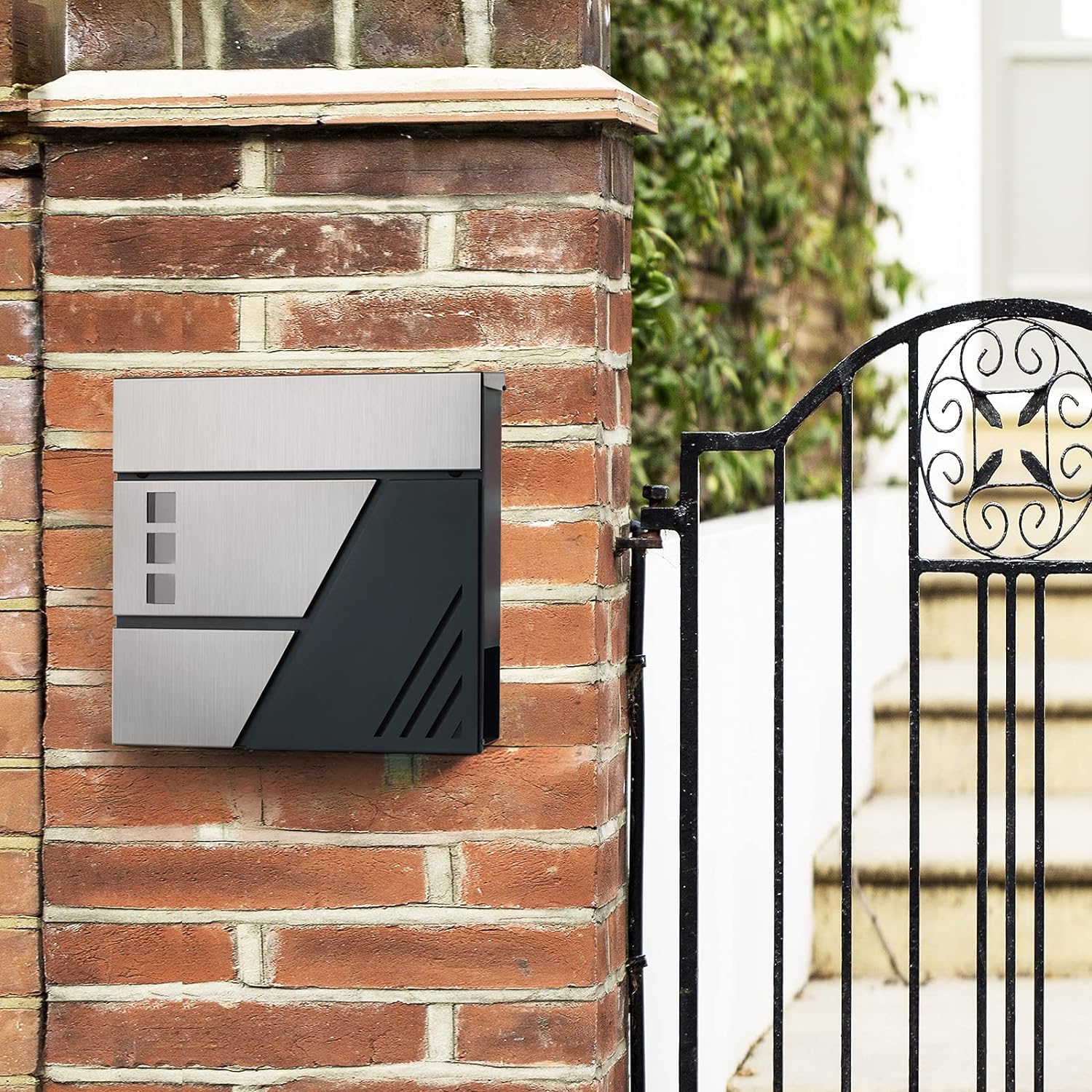 SONGMICS Cutie postala de exterior, pentru gard sau perete, din otel si inox, 37x11x37cm, argintiu inox si gri inchis