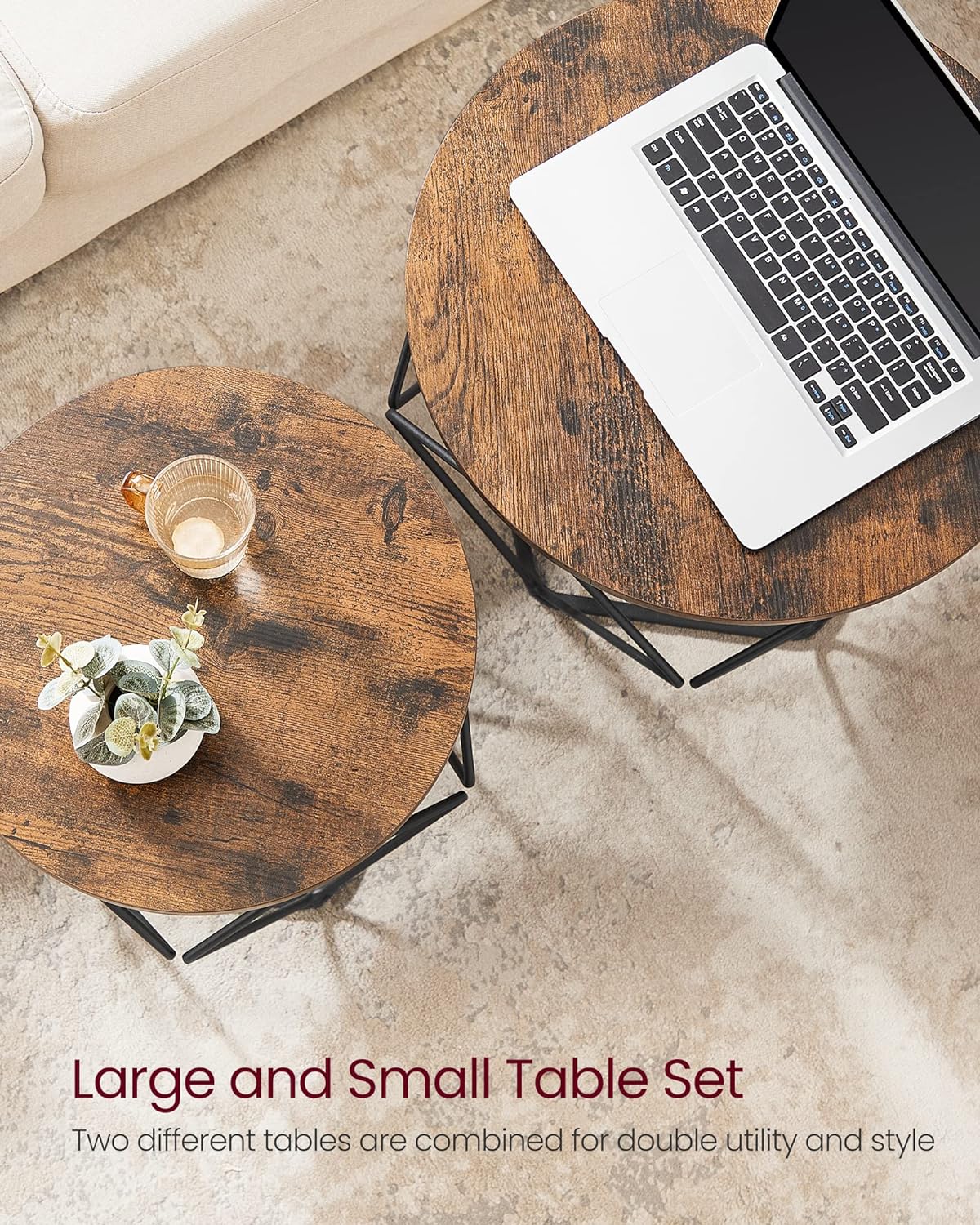 VASAGLE Set de 2 mese de cafea, stil industrial, 50x40cm si 40x36cm, maro rustic si negru