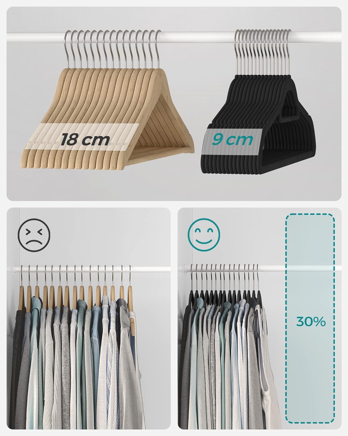 SONGMICS Set de 20 de umerase pentru haine, anti-alunecare cu catifea, bara de cravata si carlig pivotant, 43,5 cm, negru