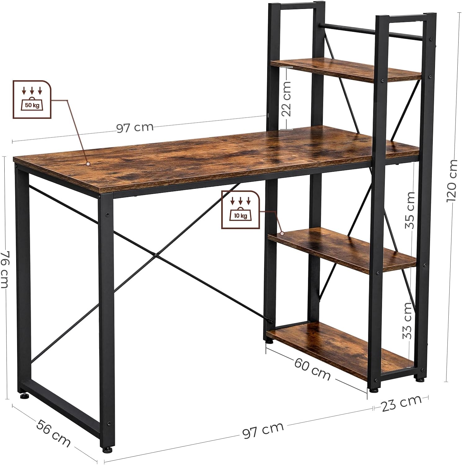 VASAGLE Birou cu raft lateral, montare stanga sau dreapta, industrial, 56x120x120 cm, maro - 6