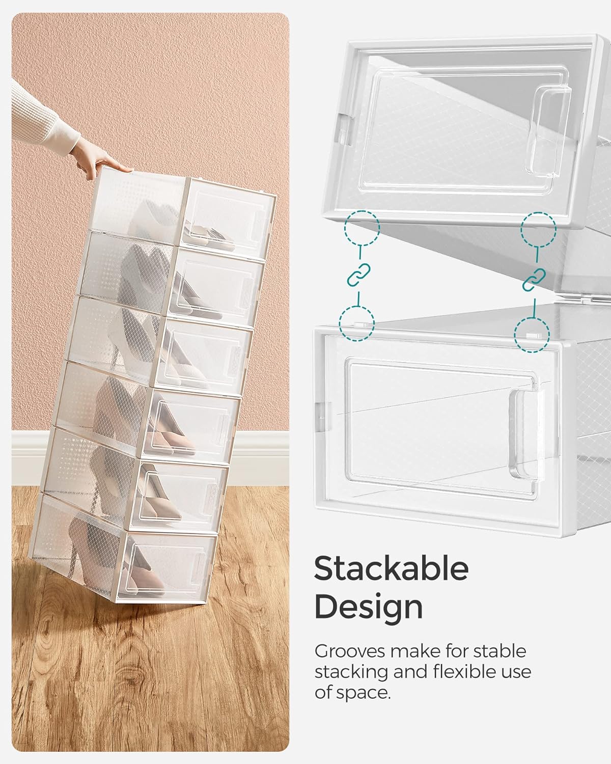 SONGMICS Cutii de pantofi, set de 18 organizatoare stivuibile, structura rezistenta ABS, 34x23x14cm, transparent