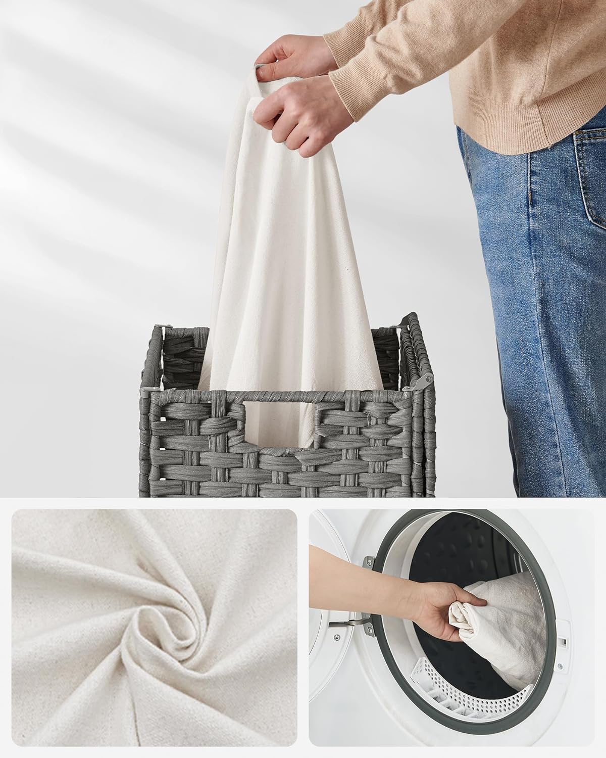 SONGMICS Cos de rufe din ratan sintetic cu capac, sac detasabil, volum 90L, 46x33x60cm, gri