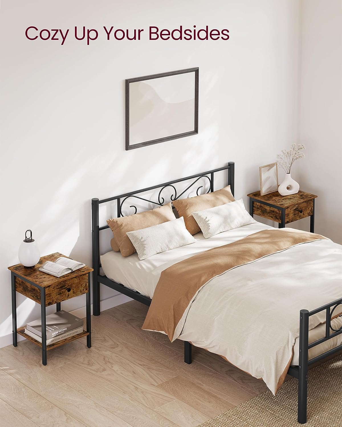 VASAGLE Noptiera din lemn cu cadru din otel, 1 sertar si 1 raft, 40x40x55, maro rustic si negru