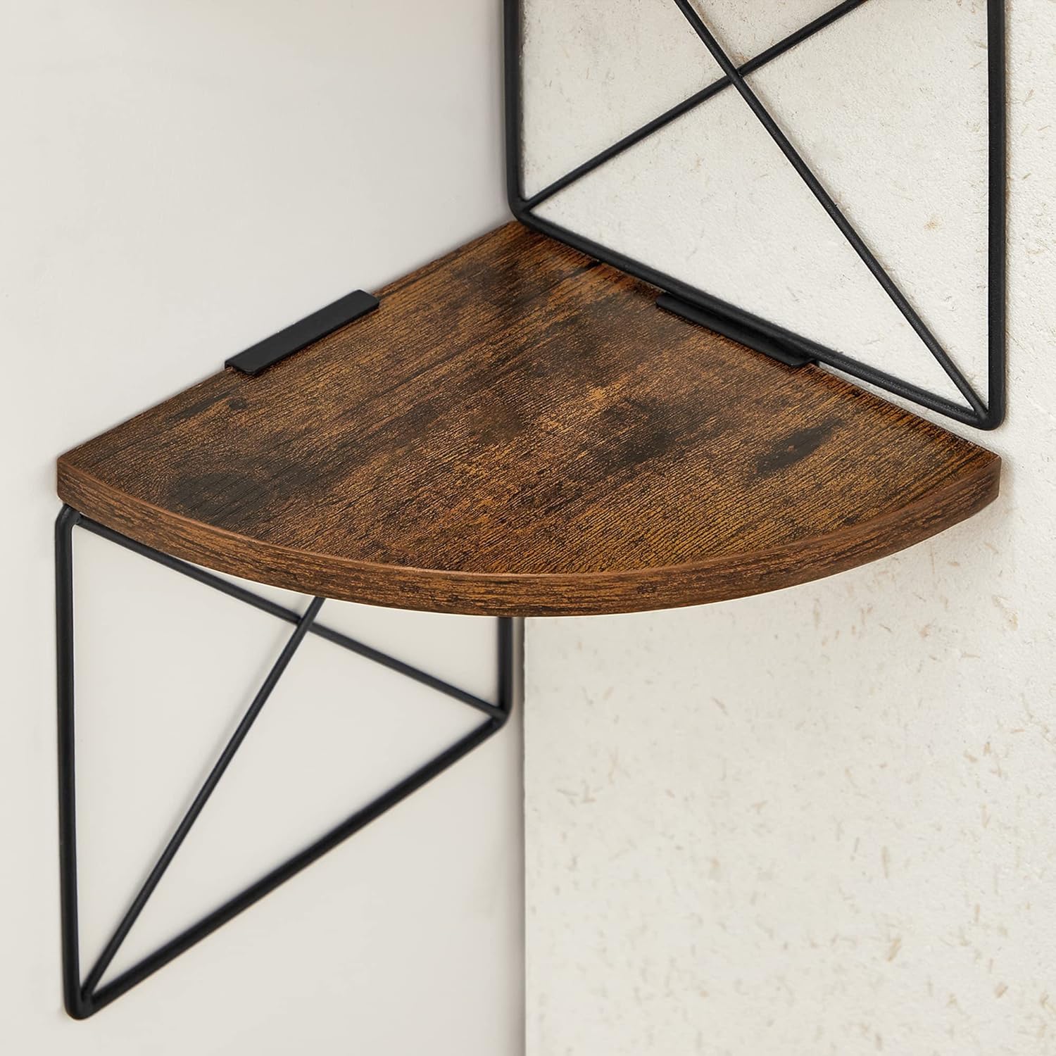 Raft de perete pentru colt, cadru otel cu 5 etaje din MDF, 20x20x128cm, maro rustic si negru