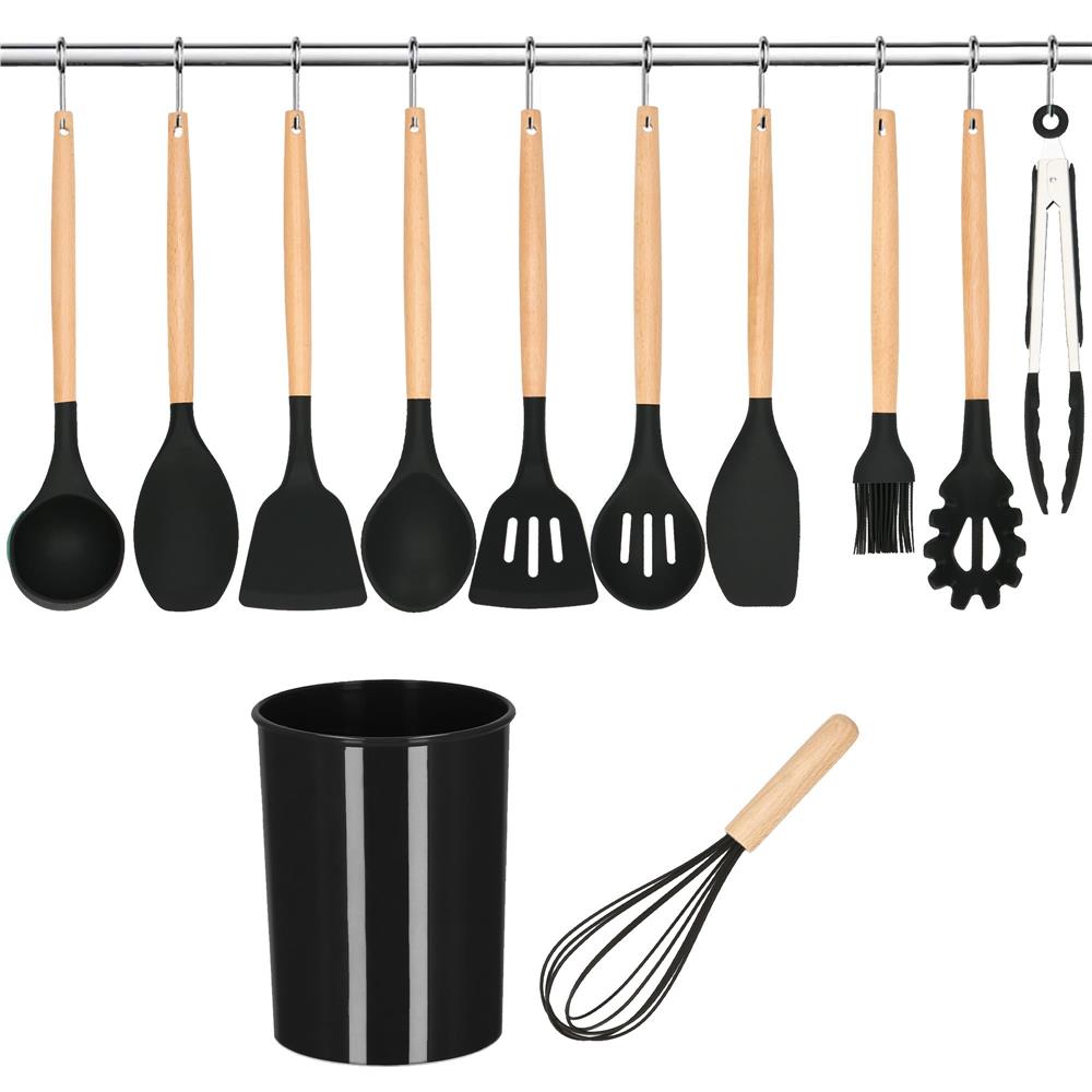 Set Sersimo 12 ustensile de bucatarie din silicon termorezistent si maner din bambus, negru