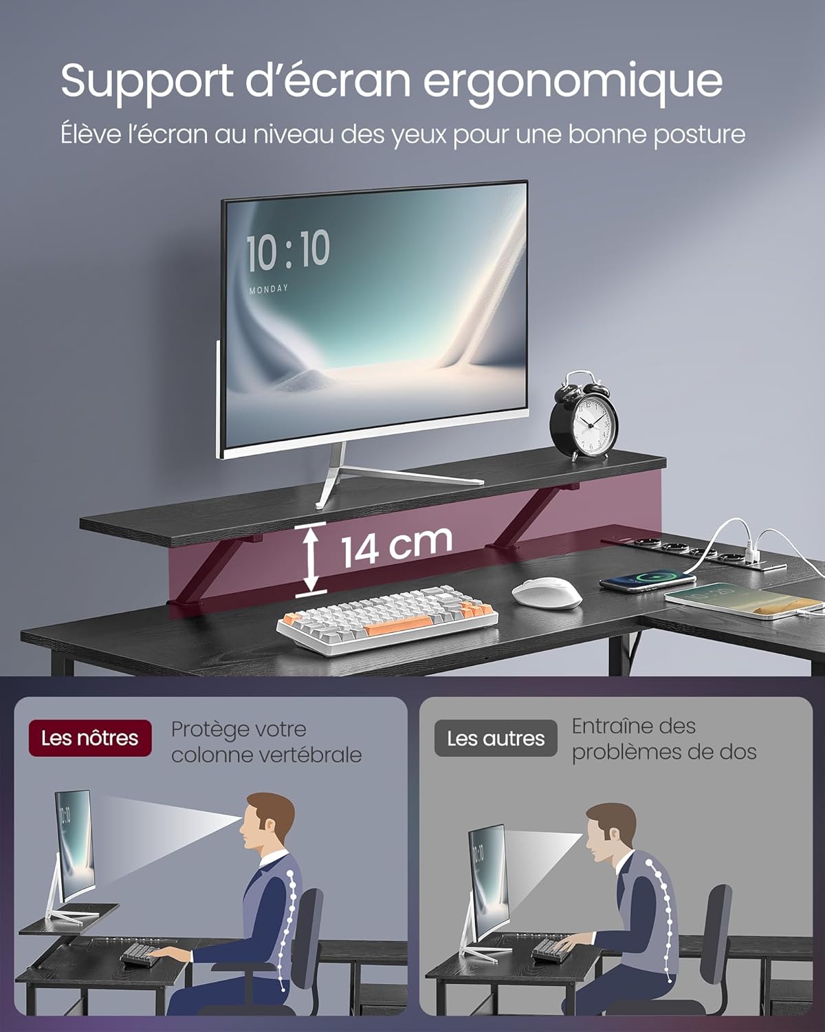 VASAGLE Birou in forma de L, suport monitor, raft si 2 sertare, 4 prize si 2 USB, 120x150x76 cm, negru
