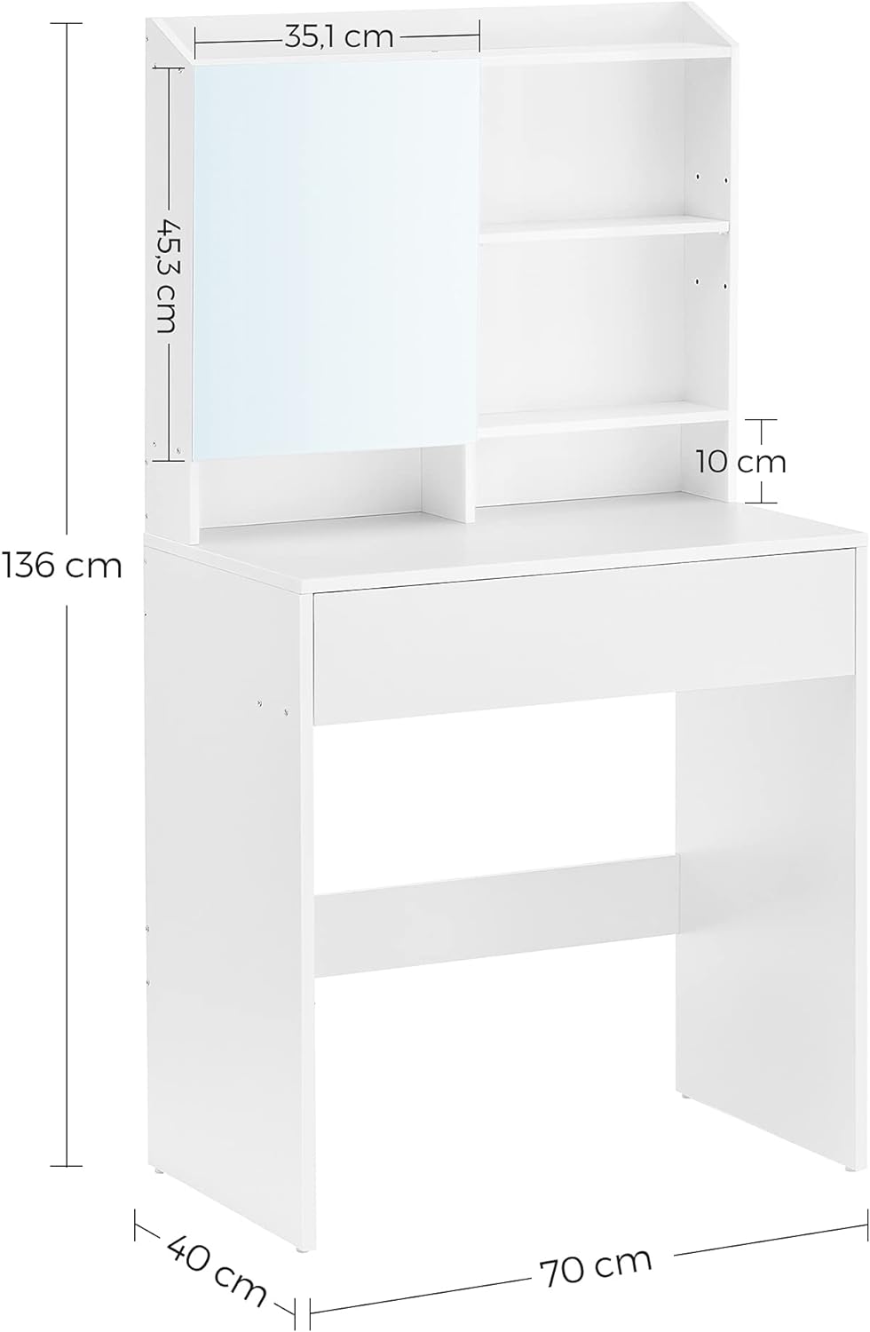 Masuta de toaleta cu oglinda, rafturi reglabile si sertar pentru cosmetice, 70x40x136cm, alb