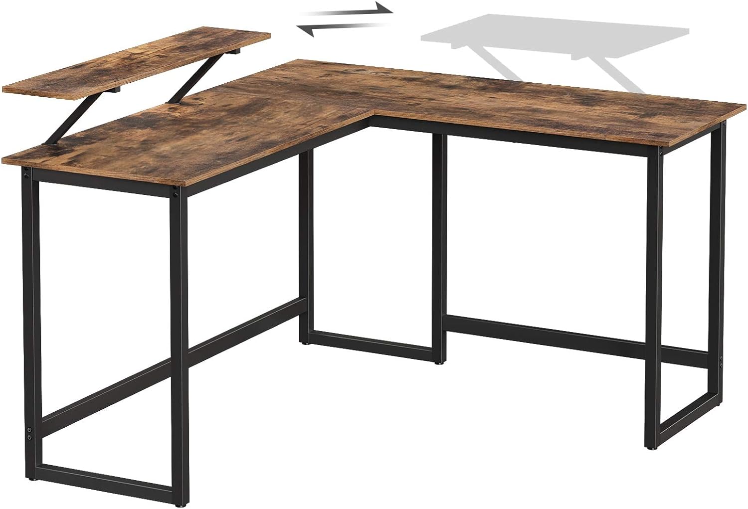 VASAGLE Birou in forma de L cu suport pentru monitor, cadru metalic, 140x130x76cm, maro rustic
