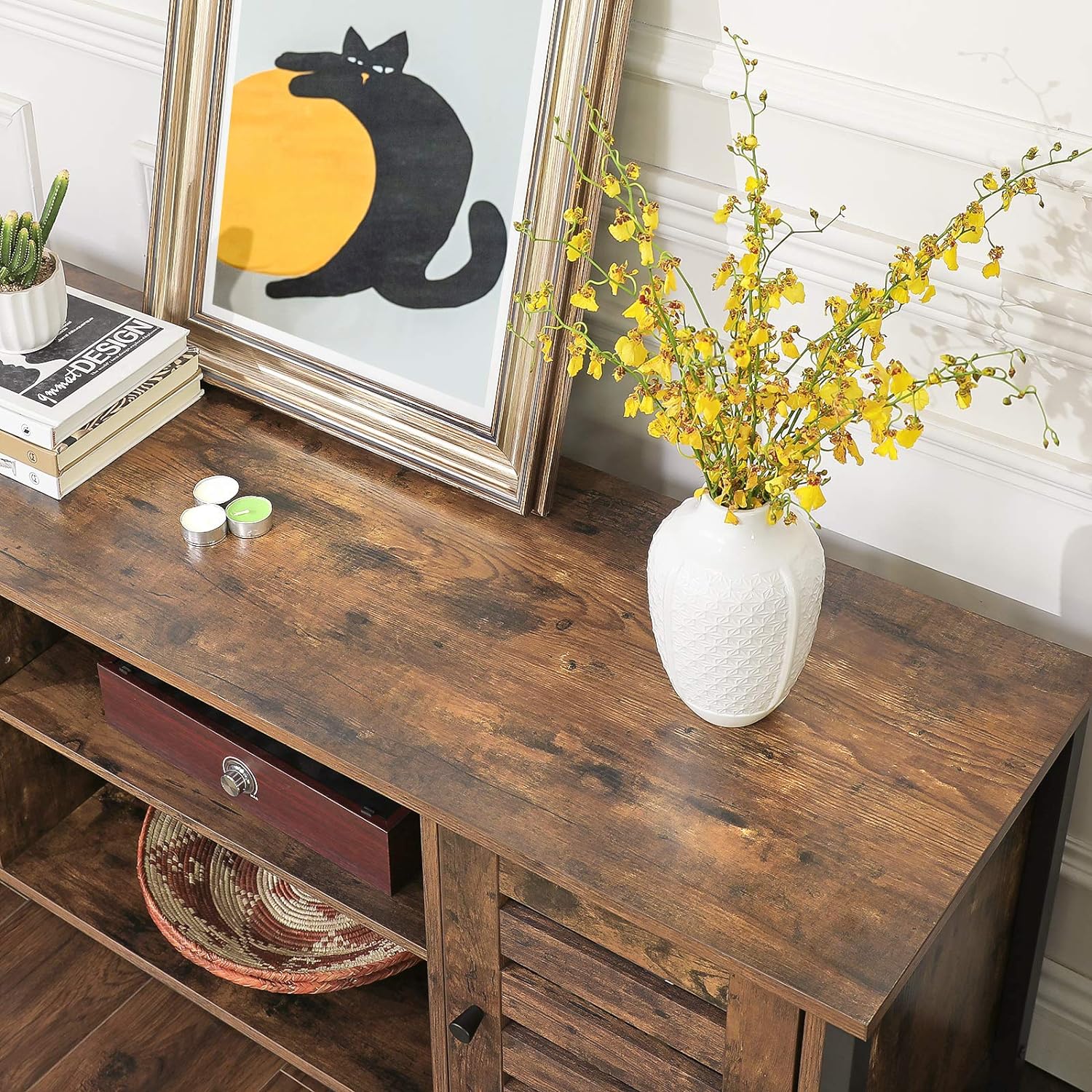 Comoda joasa pentru suport TV, cu rafturi si 2 spatii de depozitare cu usa, stil industrial, 110x40x50cm, maro rustic si negru