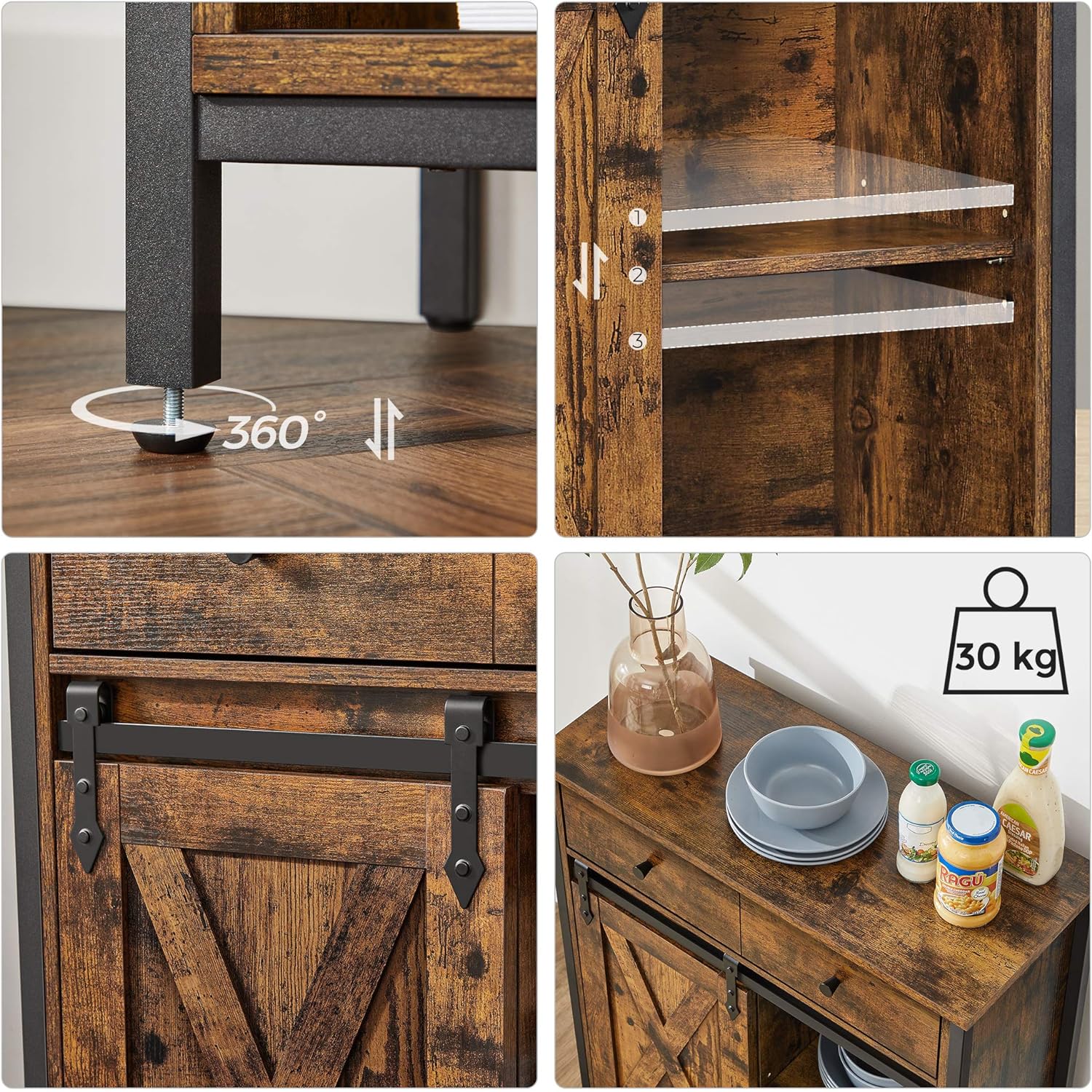 Comoda pentru living sau bucatarie, cu 2 sertare si usa glisanta, rafturi reglabile, stil rustic, 30x70x80cm, maro si negru