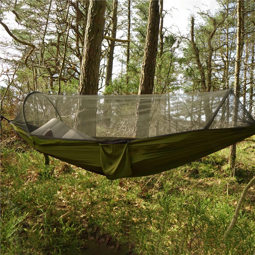 Hamac dublu din material parasuta 140x260cm, cu plasa de tantari si geanta transport, verde