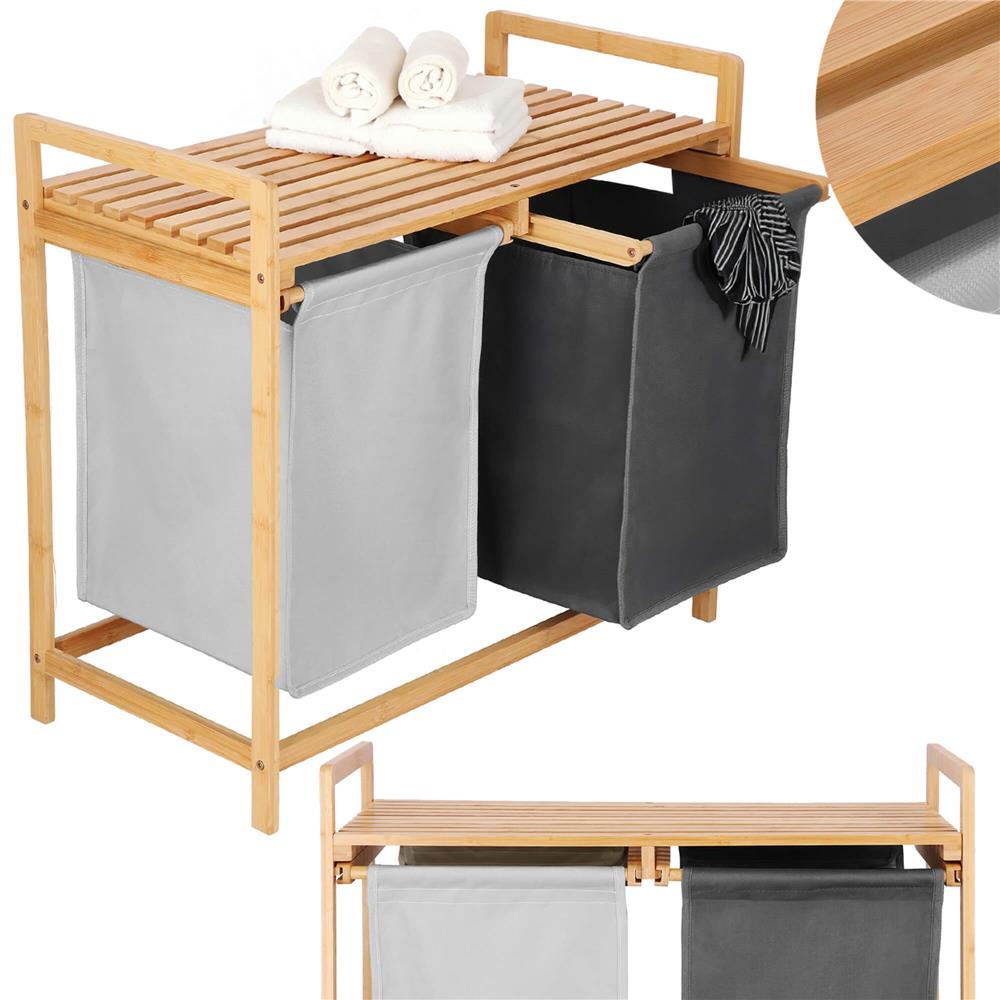 Cos de rufe din bambus, cu 2 saci detasabili, raft superior, capacitate de 40L per sac, 67x36x70cm, maro