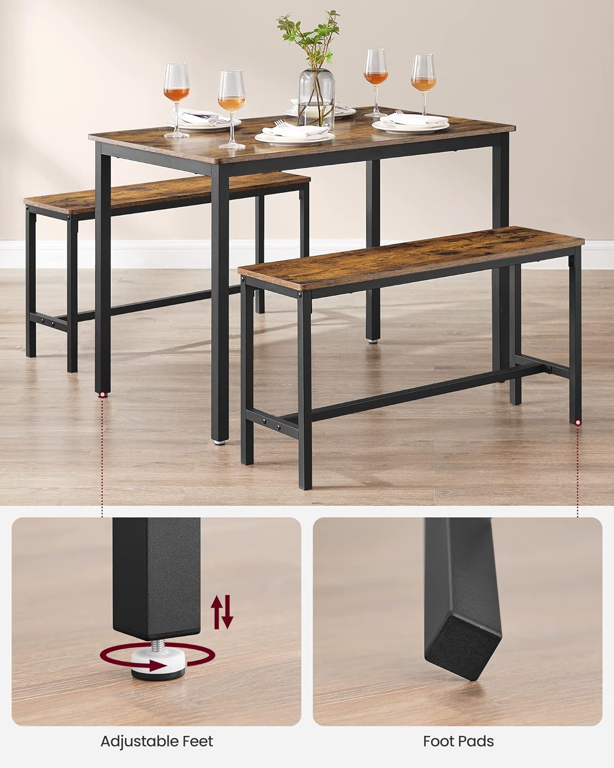 VASAGLE Masa de bar cu 2 banci, design industrial, 110x70x75 cm, maro rustic