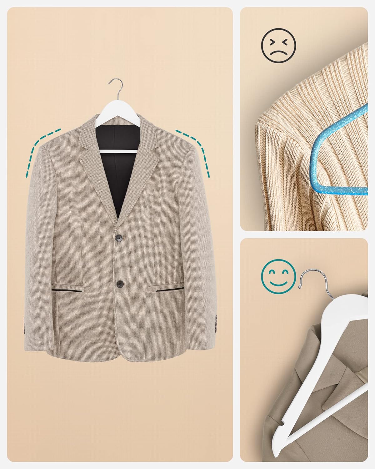 SONGMICS Set de 50 umerase din lemn, cu bara anti-alunecare pentru pantaloni, carlig pivotant la 360°, 45cm, alb