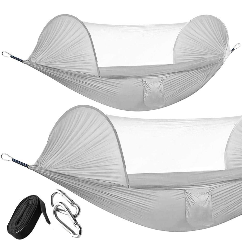 Hamac dublu din material parasuta 140x260cm, cu plasa de tantari si geanta transport, gri