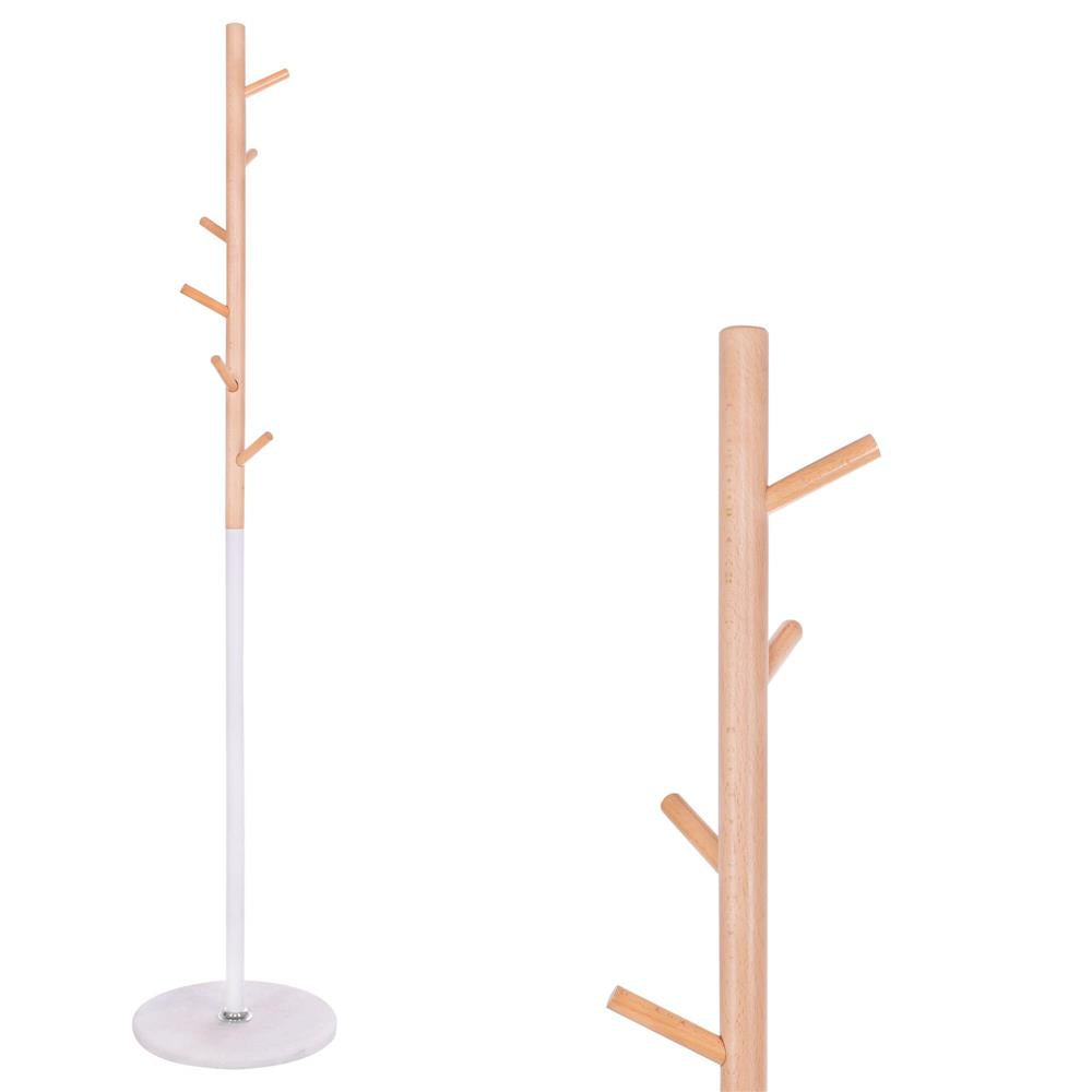 Cuier tip pom din metal, baza marmura, 6 agatatoare, 172cm, alb si maro