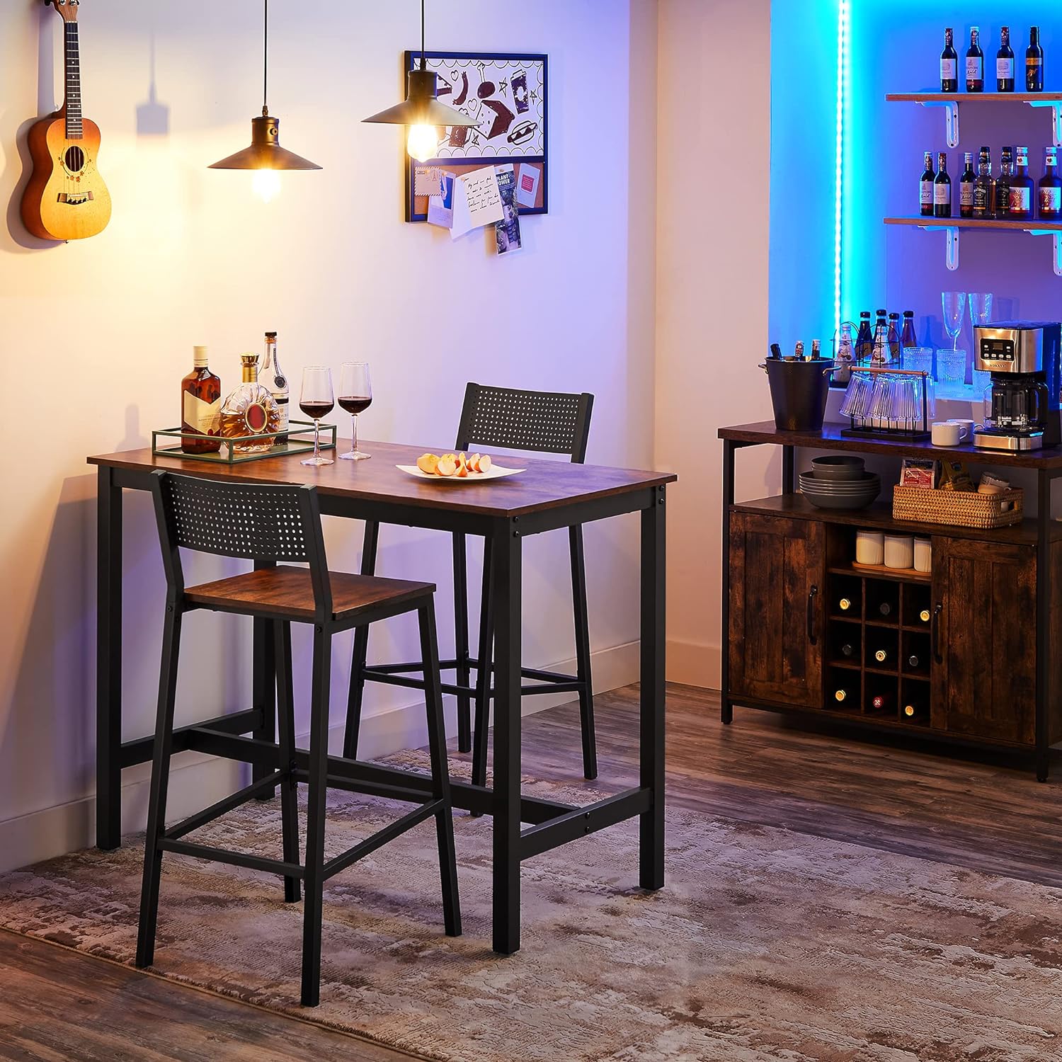 VASAGLE Set 2 scaune de bar, inalte cu spatar, cadru metalic, sezut MDF, industrial, 51x43x97cm, maro rustic si negru