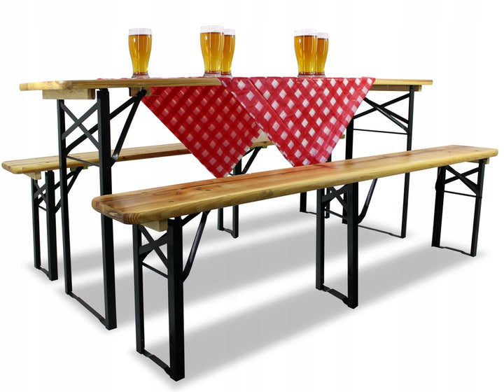 Set berarie din lemn masiv, pliabil, pentru terasa sau gradina, o masa si doua banci, 177x46cm, natur
