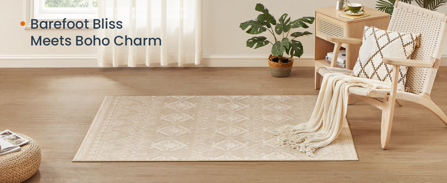 SONGMICS Covor decorativ antiderapant, stil boho, lavabil la masina, 80×150 cm, bej cappuccino
