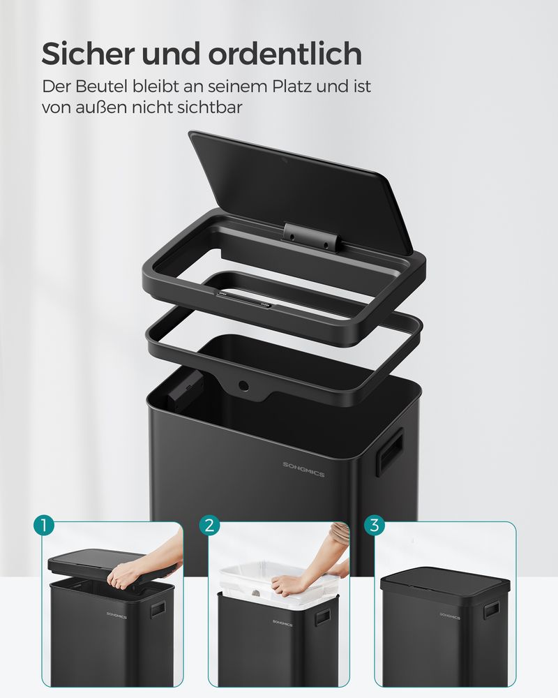 SONGMICS Cos de gunoi din inox, cu senzor si soft-close, 68 litri, 41x30x67 cm, negru