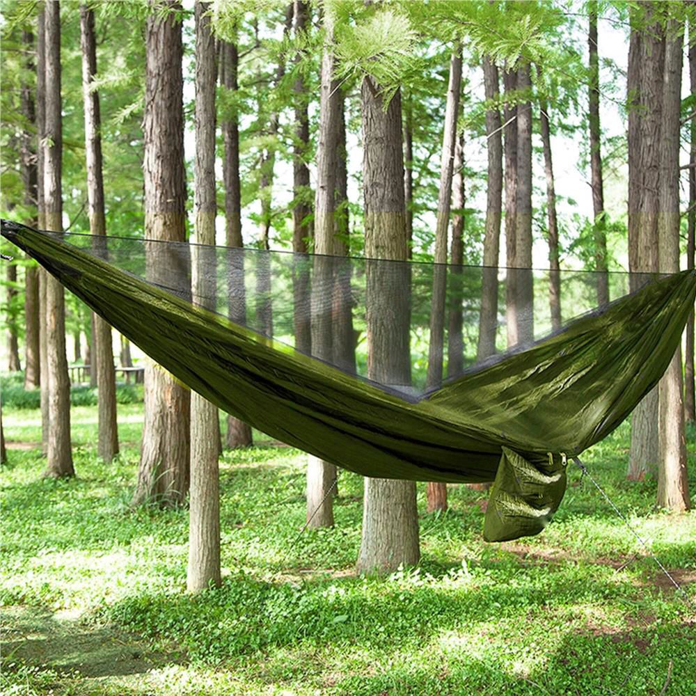 Hamac dublu din material parasuta 140x260cm, cu plasa de tantari si baldachin impermeabil, 200kg, verde