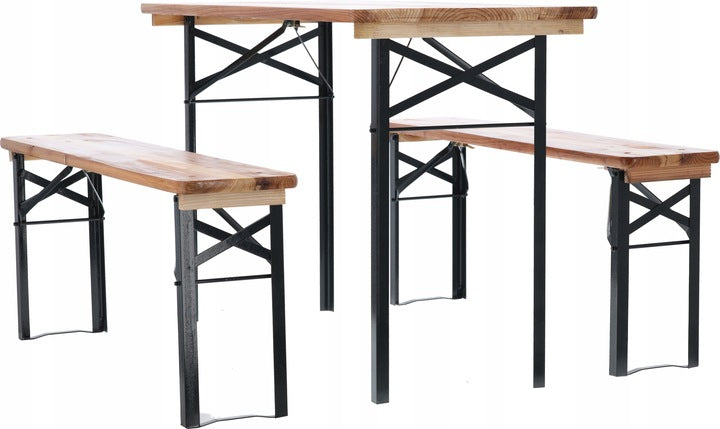 Set berarie din lemn masiv, plabil, pentru terasa sau gradina, o masa si doua banci, 117x56cm, natur