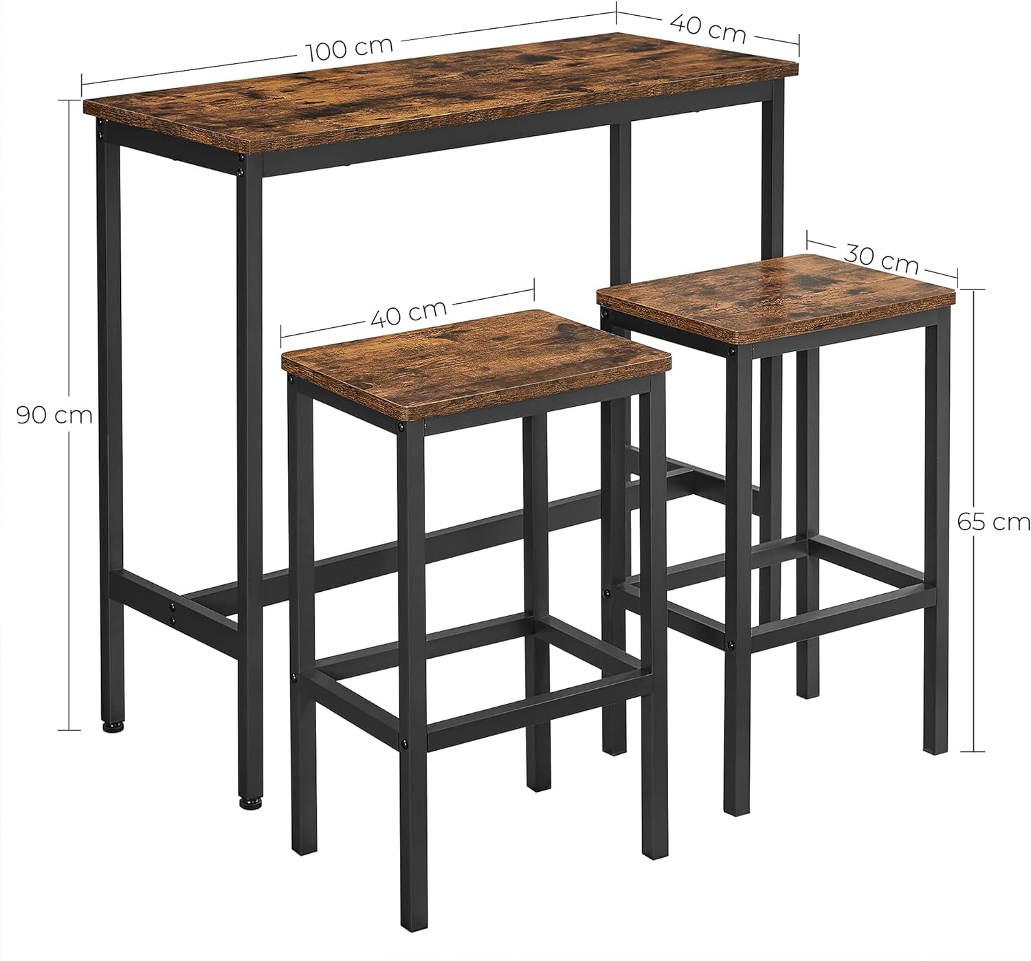 VASAGLE Set masa de bar cu 2 scaune, cadru din otel, blat lemn, design industrial, 100x40x90cm, maro rustic si negru
