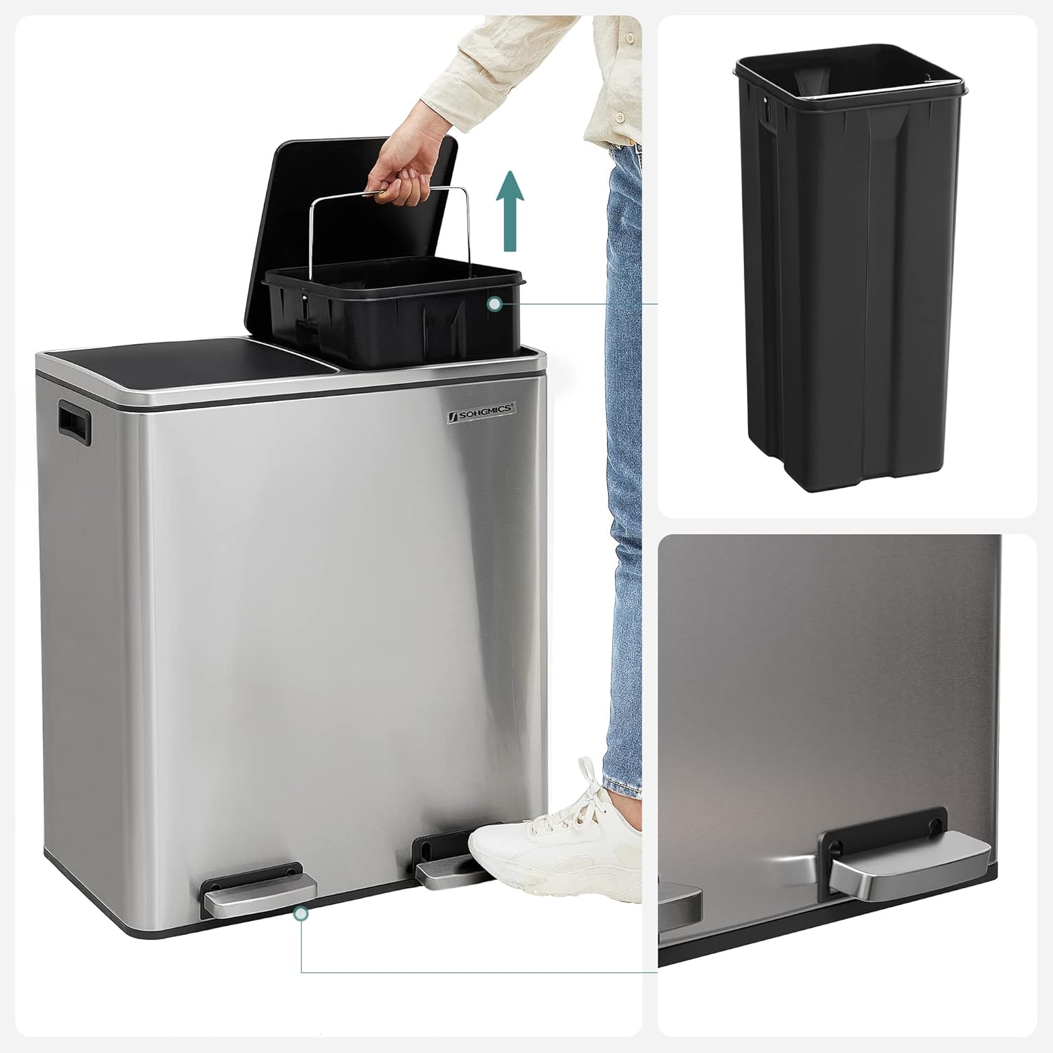 SONGMICS Cos de gunoi din inox cu 2 compartimente colectare selectiva, cu galeti interioare, 2x30litri, argintiu