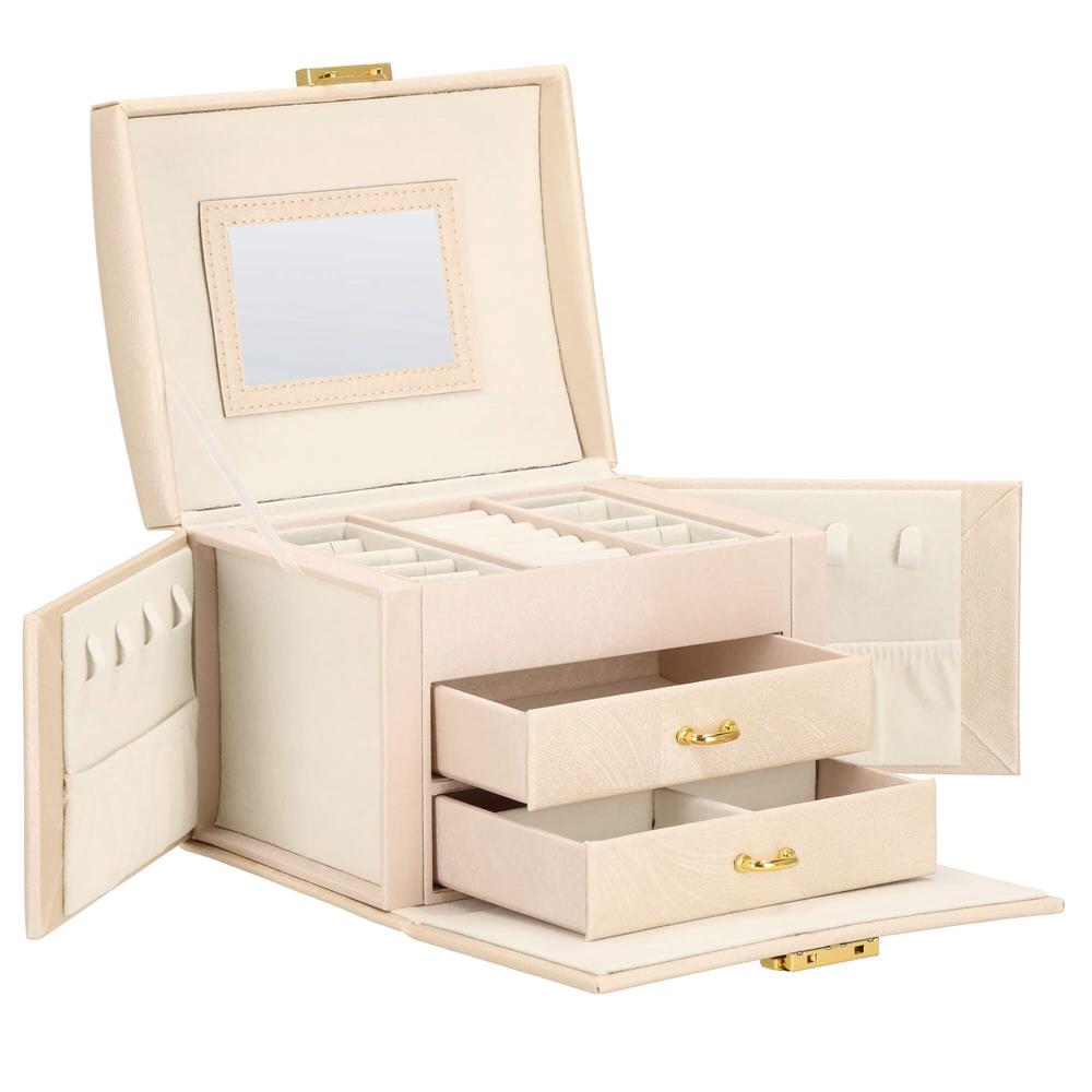 Cutie depozitare si organizare bijuterii, piele ecologica + velur, 18 x 13,5 x 14cm, crem