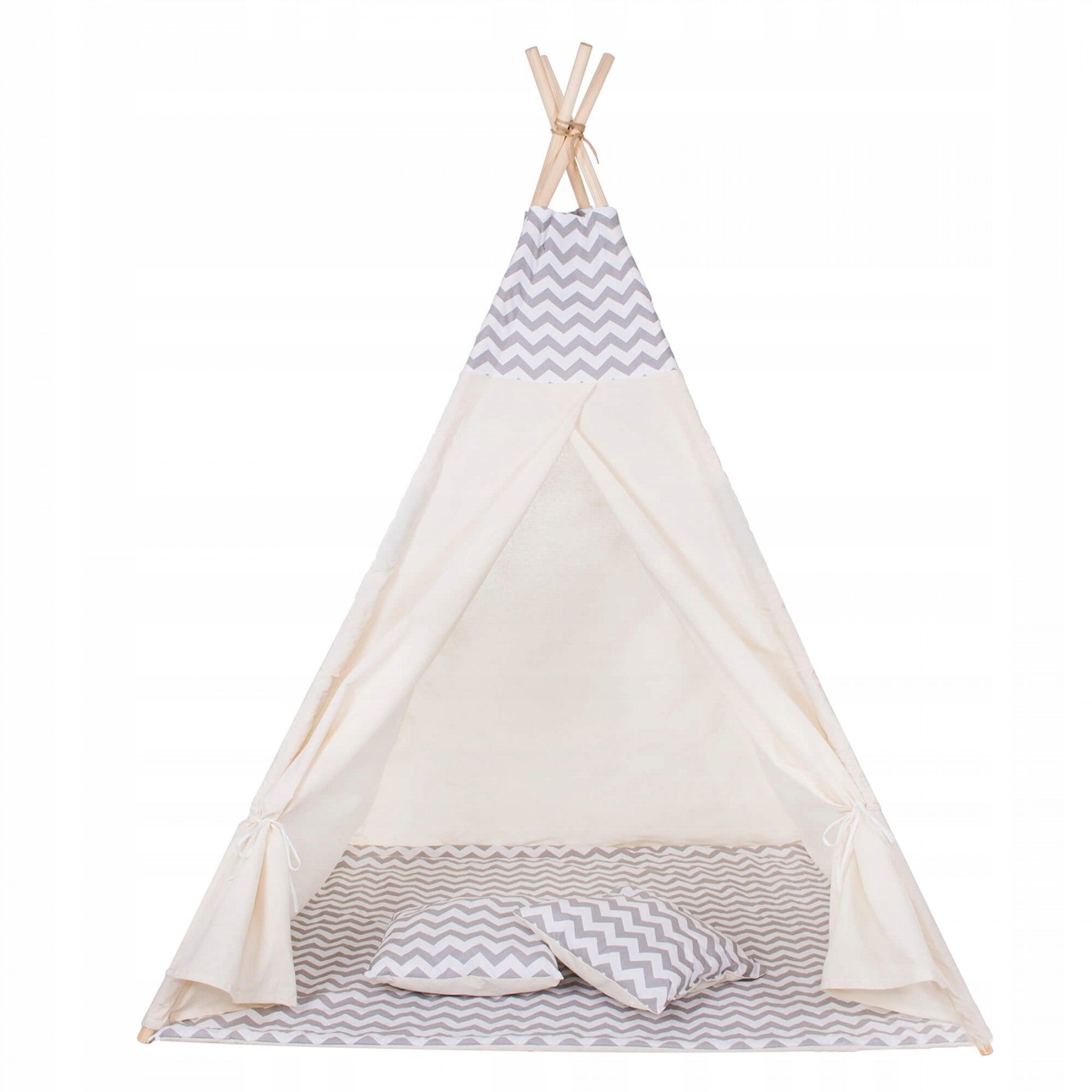Cort copii Sersimo stil indian Teepee Tent cu fereastra, covoras gros si 2 perne, alb gri deschis zig zag