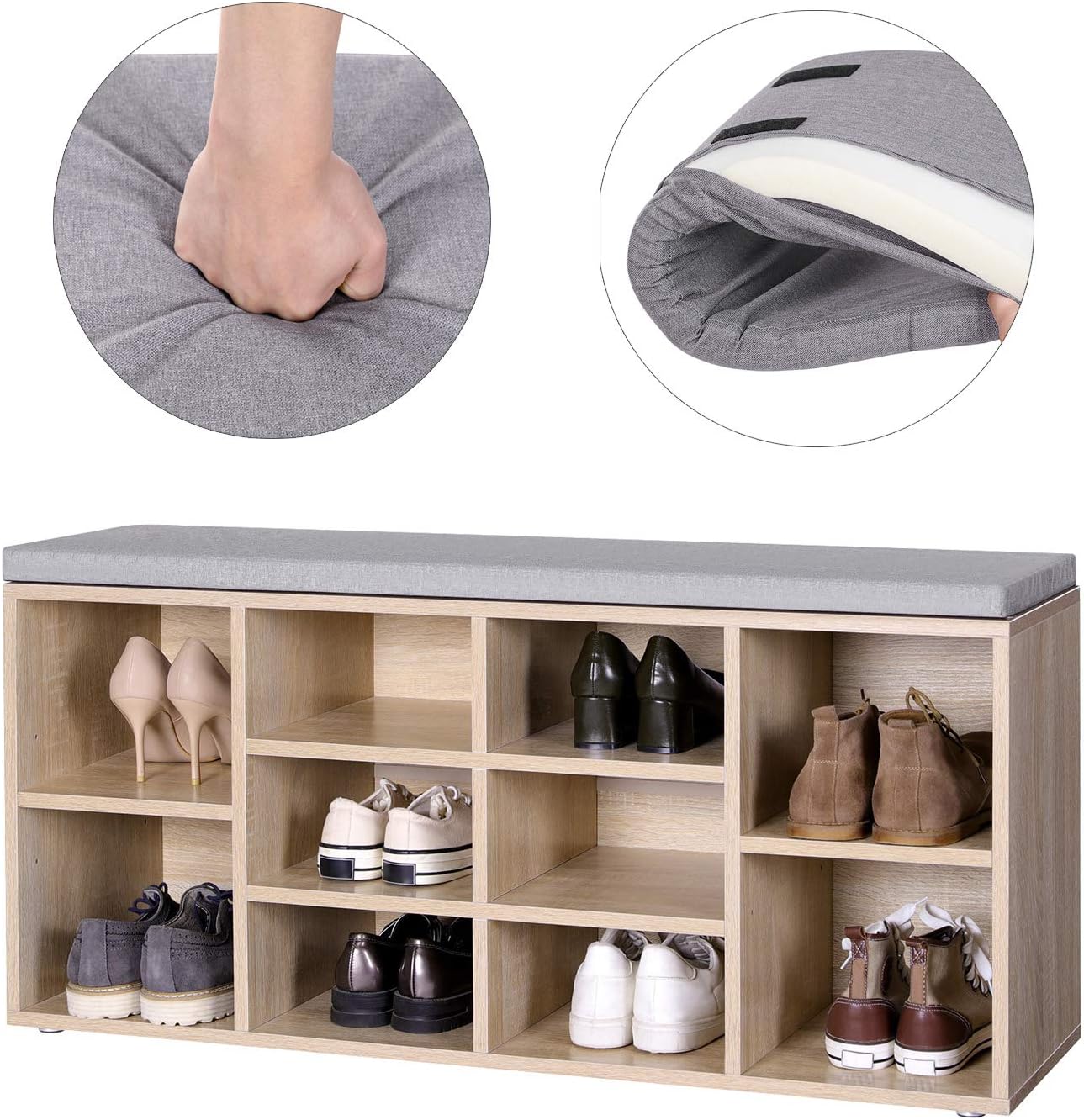VASAGLE Banca pentru hol cu suport pentru pantofi, 10 compartimente, cu perna, 104x48x30cm, stejar