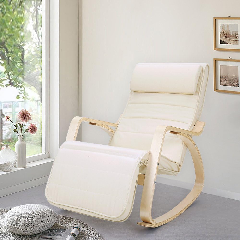 SONGMICS Scaun balansoar din lemn, suport picioare reglabil, maxim 150kg, 55x115x91cm, bej - 6