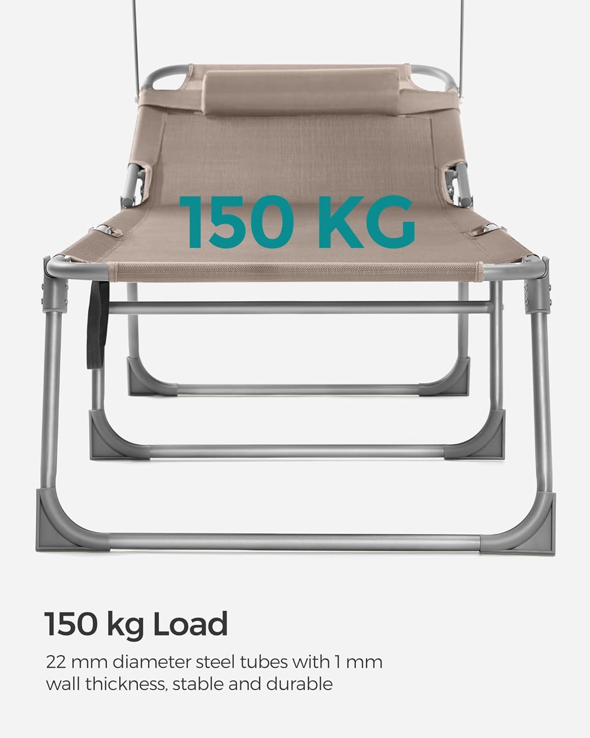 SONGMICS Sezlong pliabil, cu parasolar si tetiera, spatar reglabil in 4 pozitii, maxim 150kg, 193x53x29cm, crem