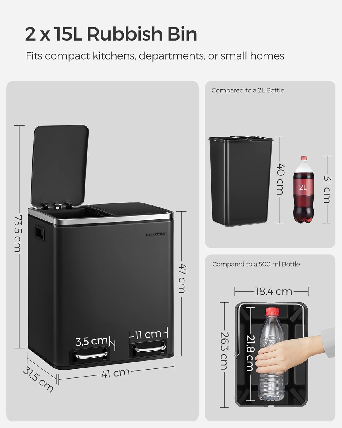 SONGMICS Cos de gunoi din inox cu 2 compartimente colectare selectiva, cu galeti interioare, 2x15litri, negru