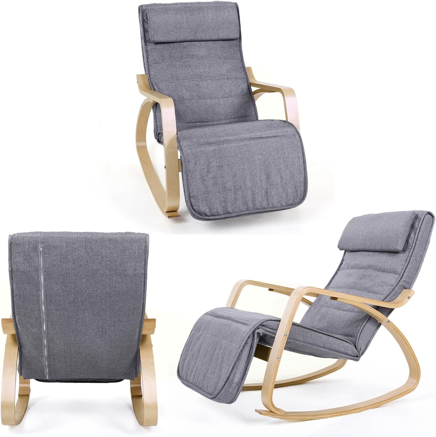 SONGMICS Scaun balansoar din lemn, suport picioare reglabil, maxim 150kg, 55x122x84cm, gri inchis