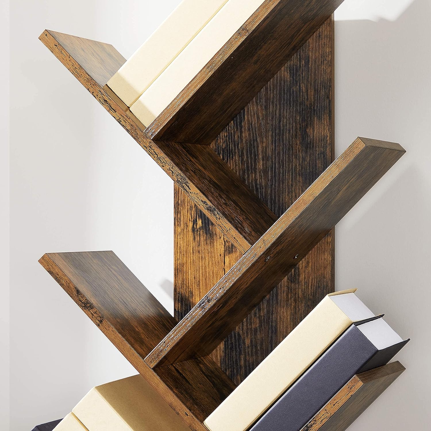 Biblioteca de podea cu 8 etaje, cu rafturi din lemn in forma V, 25x141x50cm, maro rustic