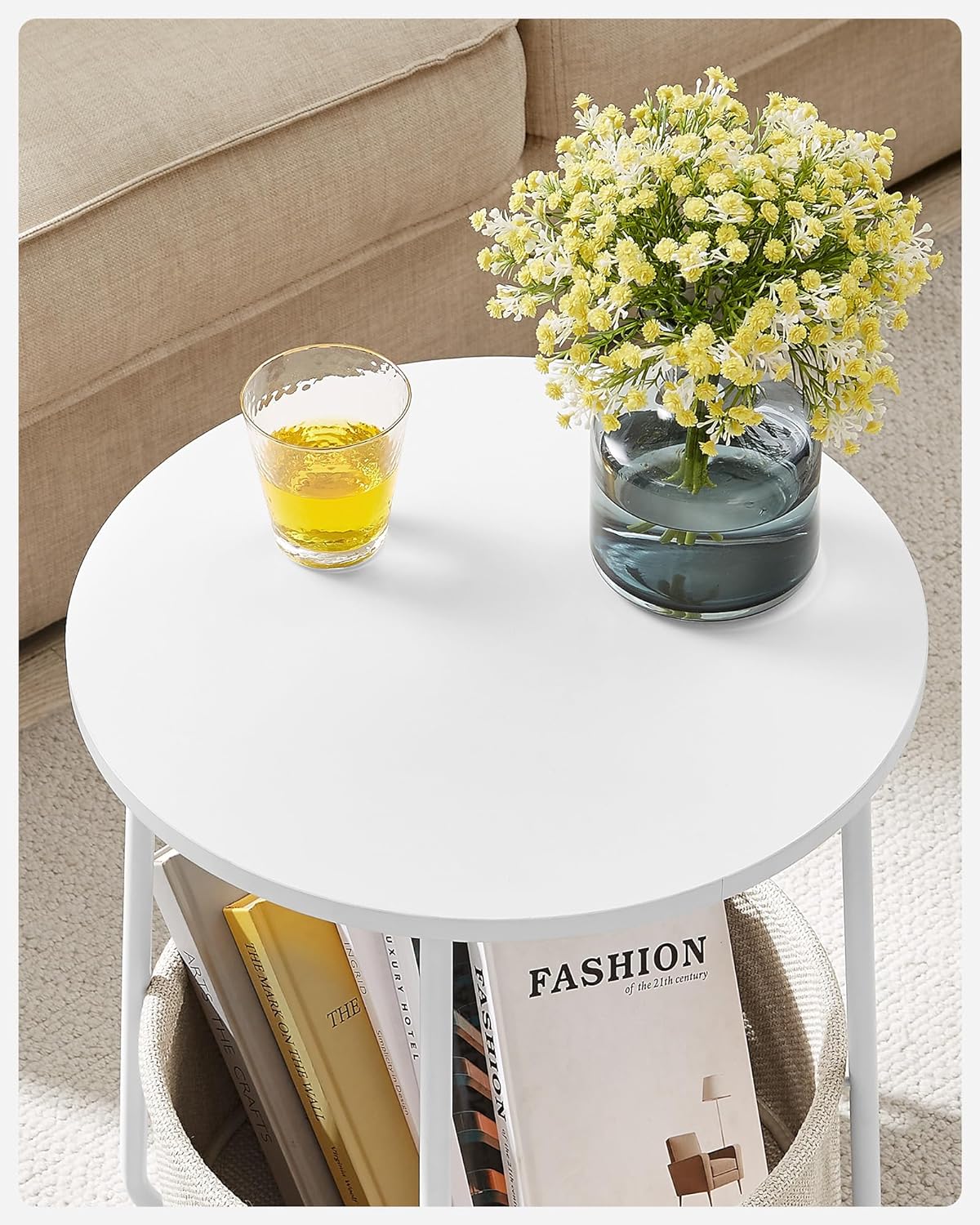 Masuta de cafea rotunda cu cos de stofa, stil modern, 45x50cm, alb cu bej
