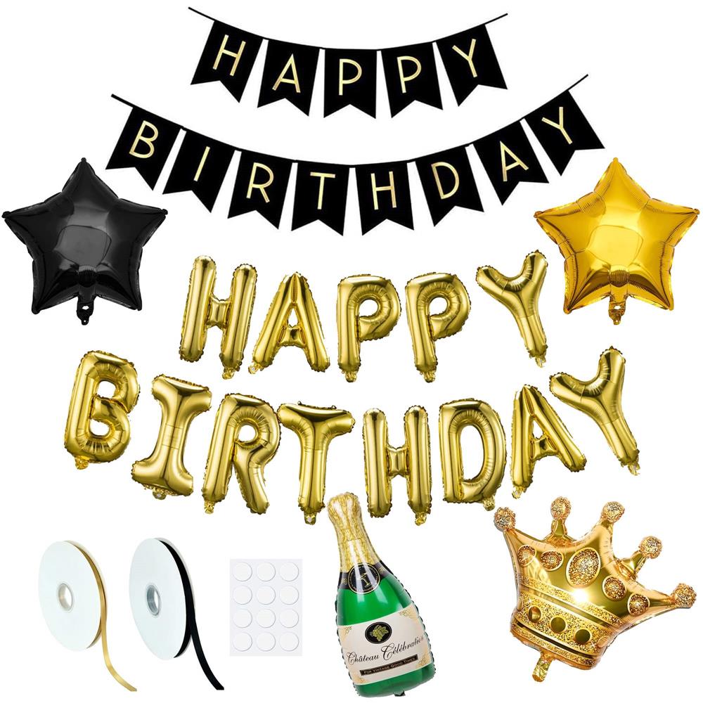 Set 53 baloane si decoratiuni, Happy Birthday, argintiu, negru, auriu