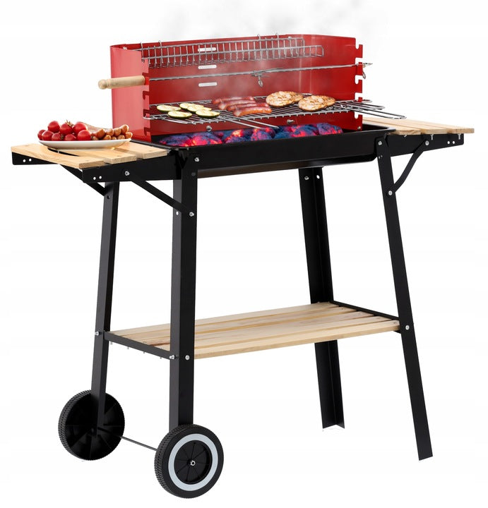 Gratar metalic pe carbuni, tava cromata, cu spita pentru rotisor, 93x84x42cm