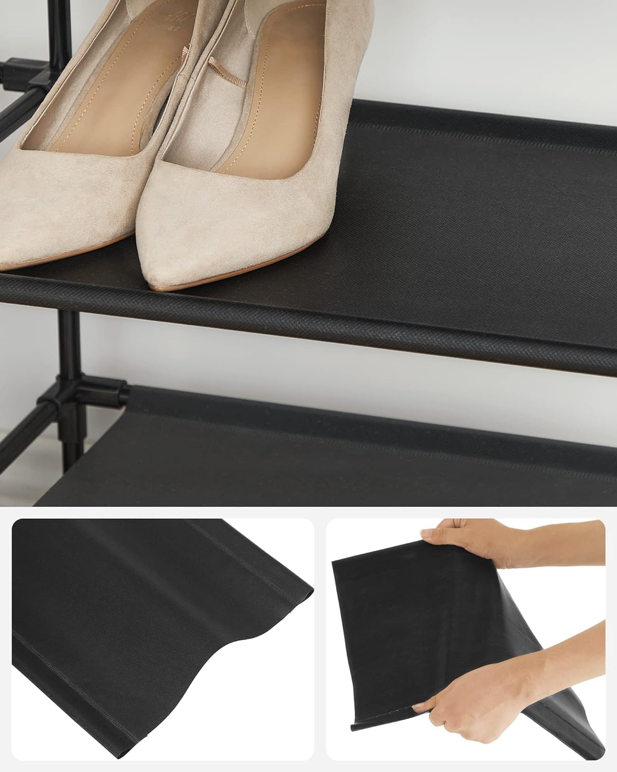 SONGMICS Suport pentru pantofi cu 10 nivele, cadru metalic, rafturi din textil, 33x33x173cm, negru