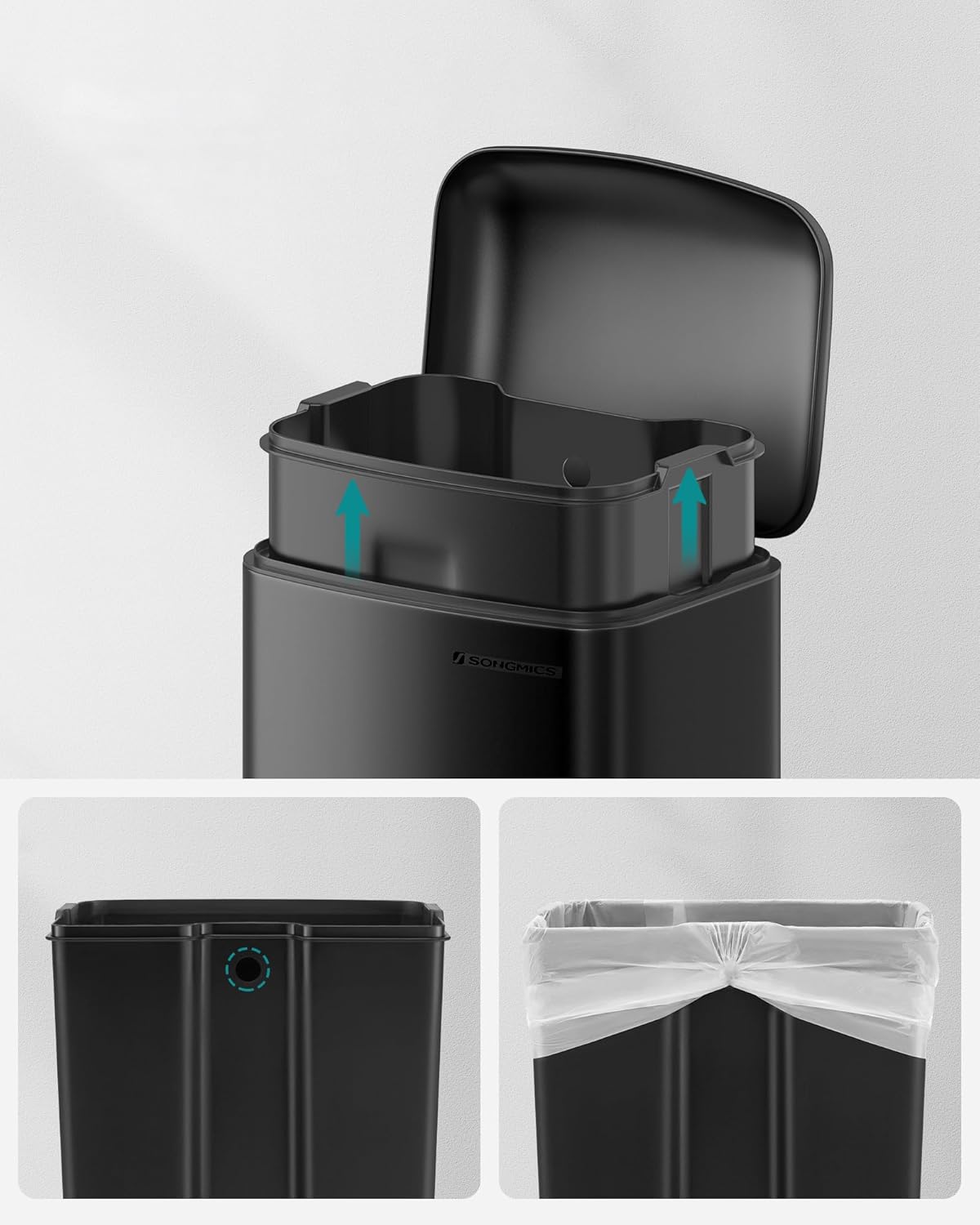 SONGMICS Cos de gunoi din otel, cu pedala si soft-close, galeata interioara, 30 litri, negru - 6