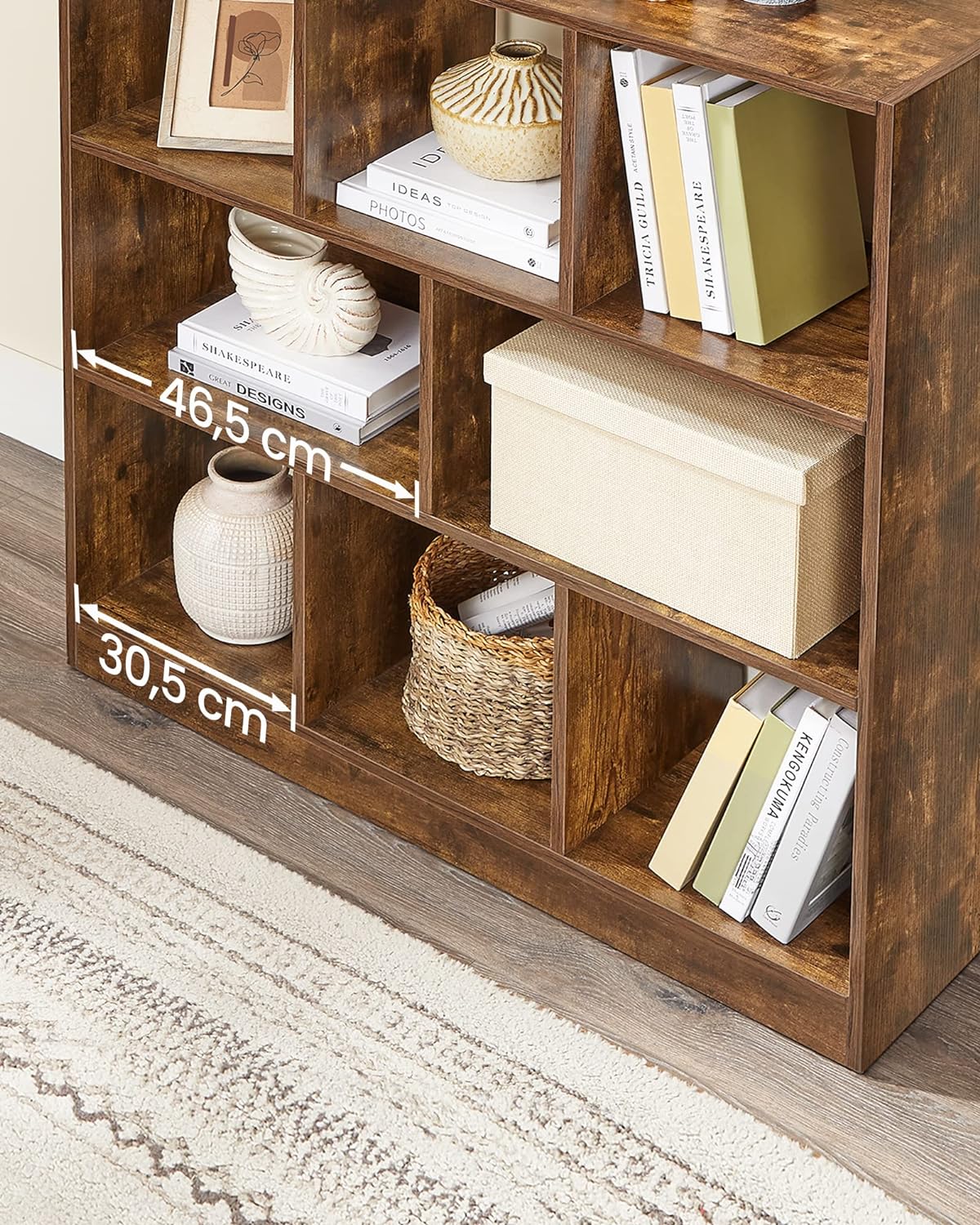 VASAGLE Biblioteca, raft cu 8 unitati de depozitare, pentru living, din lemn, 97x30x100cm, maro rustic