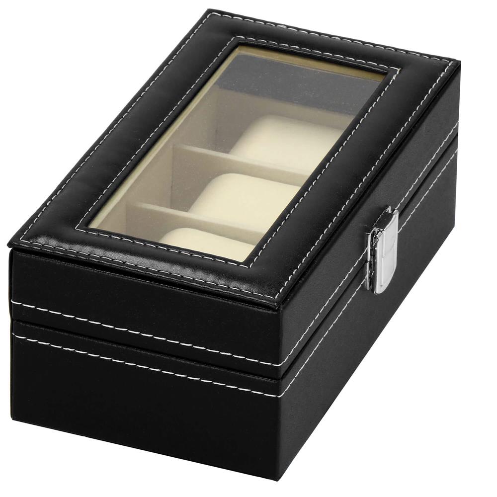 Cutie depozitare si organizare ceasuri, MDF, piele ecologica, 20,5x11x8cm, negru