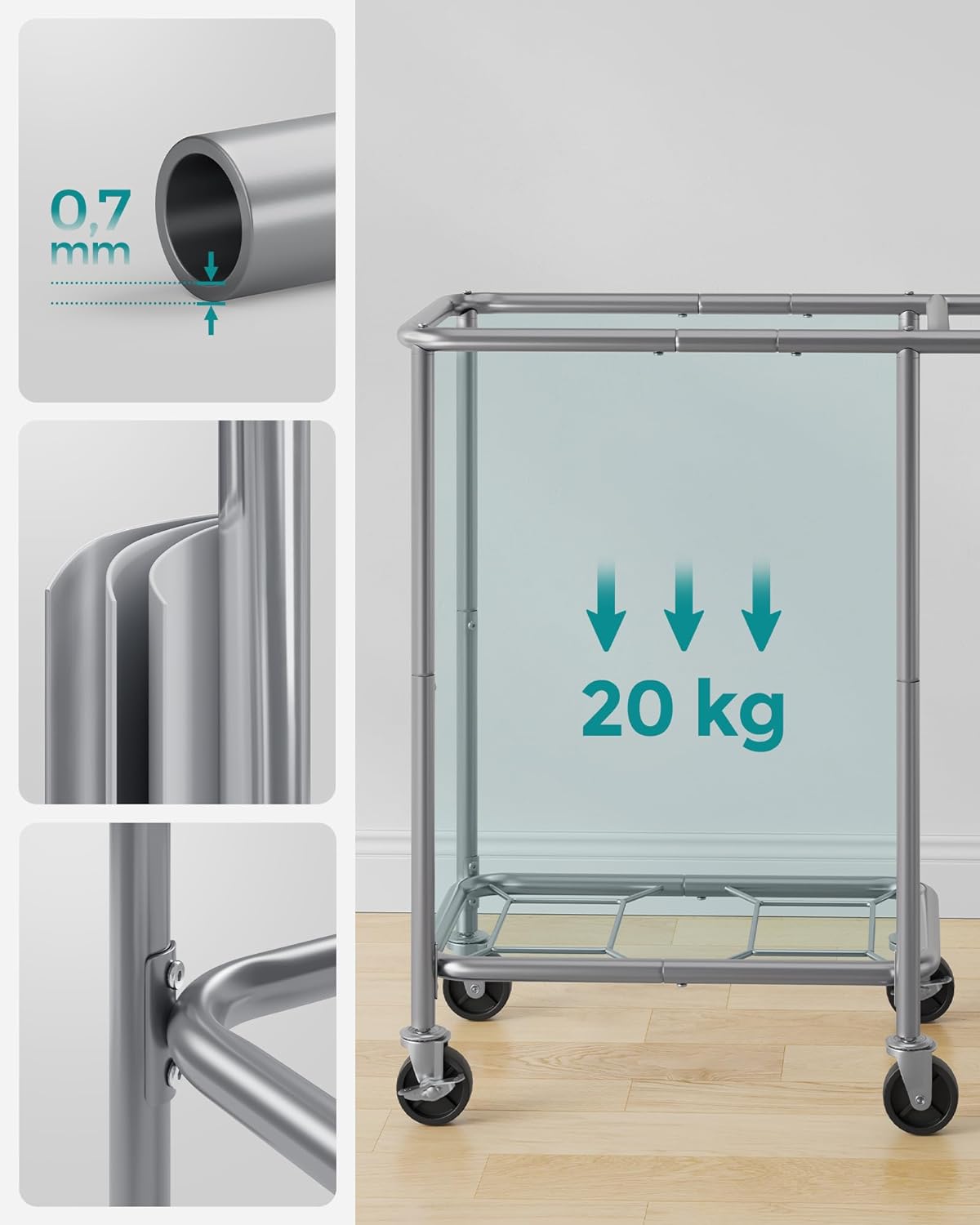 SONGMICS Cos de rufe cu roti, cadru din otel, sac detasabil cu 2 compartimente, 140 litri, 69x39x81cm, negru