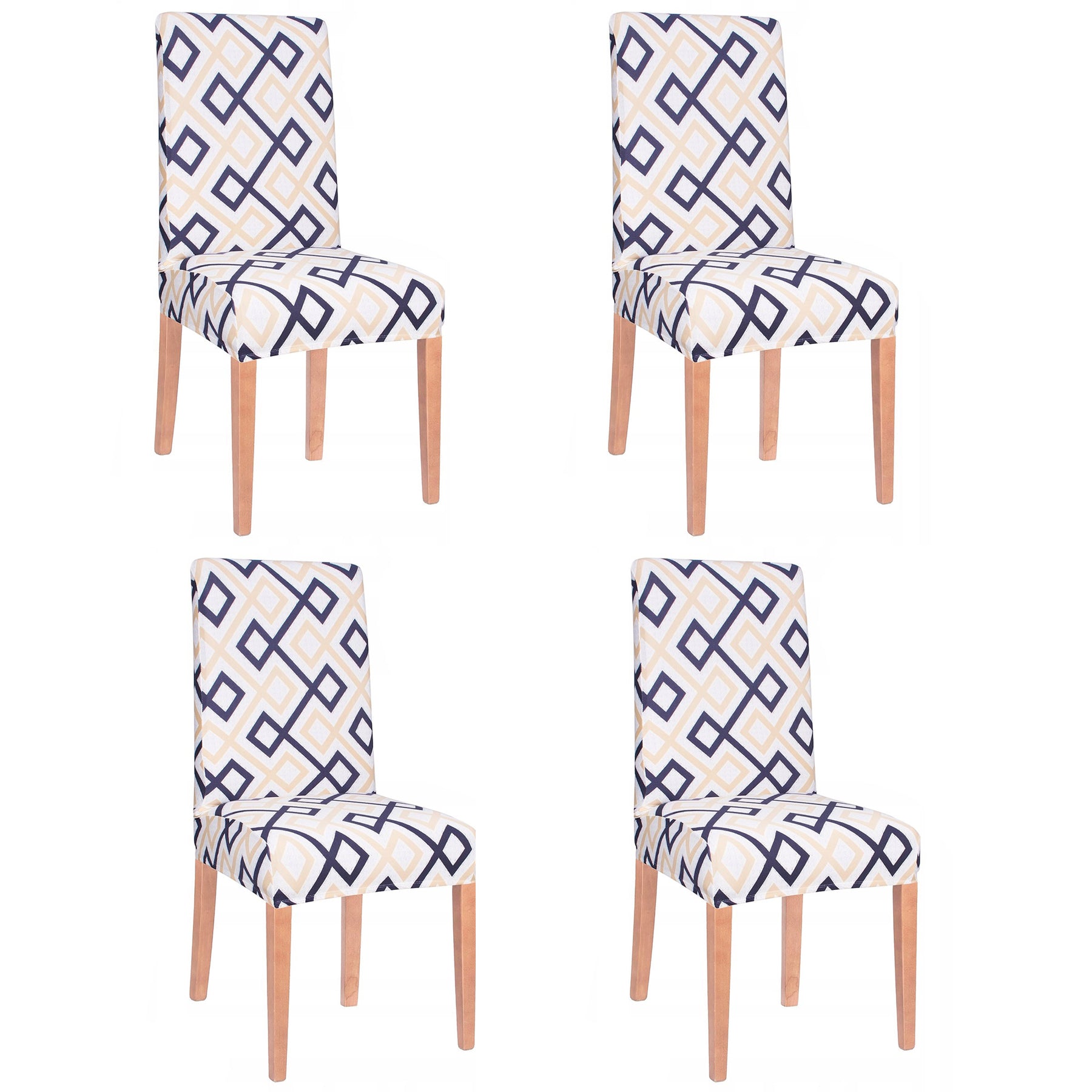 Set 4 huse universale pentru scaun, marime universala, poliester si spandex, 45 cm x 60 cm, romburi, gri albastru