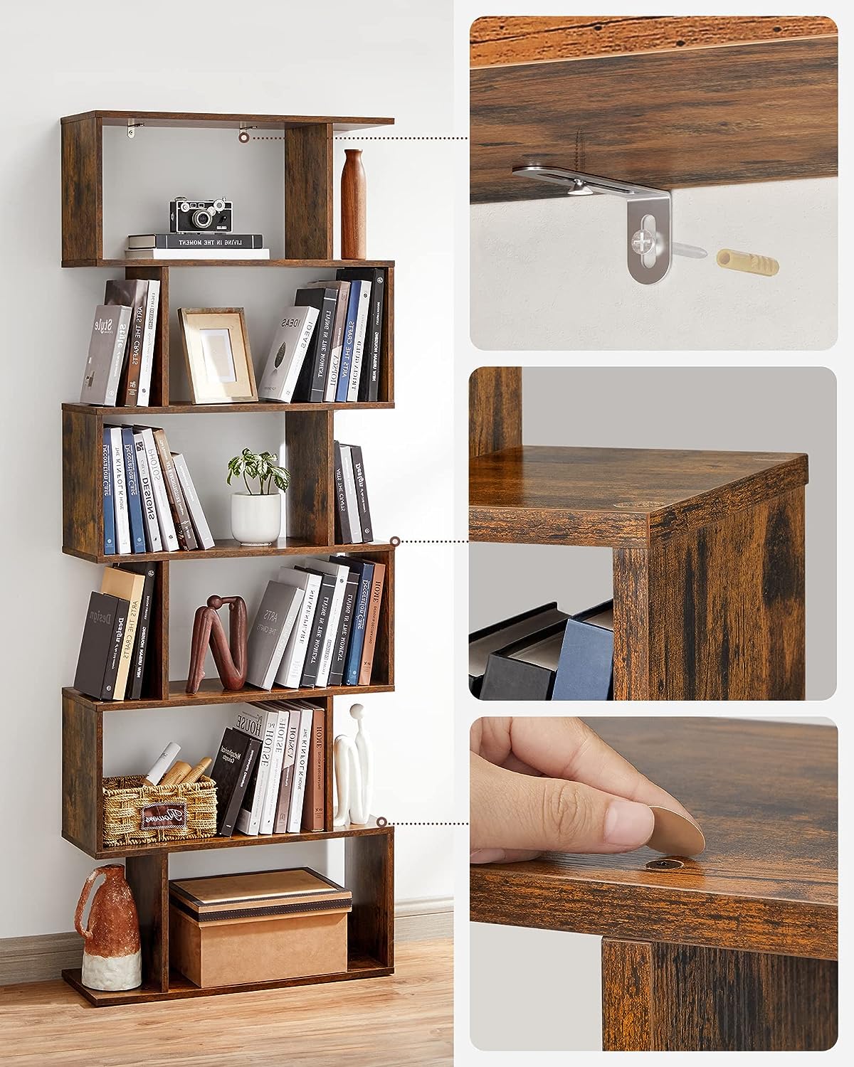VASAGLE Biblioteca, raft cu 6 unitati de depozitare, pentru living, din lemn, 24x190x70cm, maro rustic