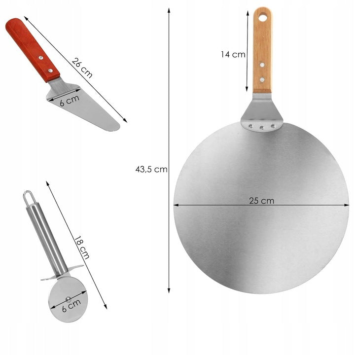 Set 3 accesorii pentru pizza, tava, spatula si taietor, inox cu manere din lemn