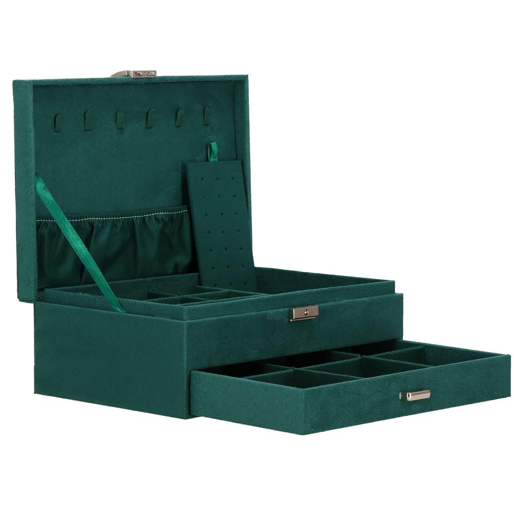 Cutie depozitare si organizare bijuterii, velur, 27 x 19 x 10,5 cm, verde