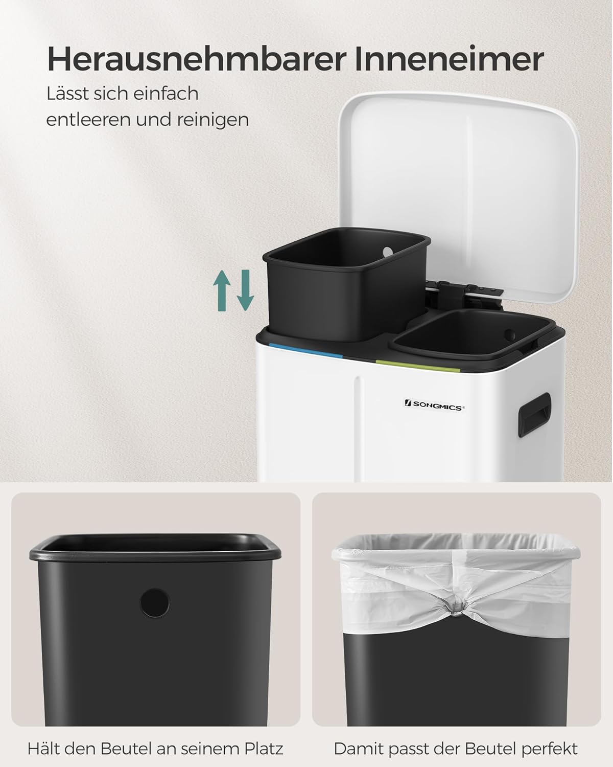 SONGMICS Cos de gunoi dublu colectare selectiva 2x20L, cu pedale si capac soft close, galeata interioara, otel, 45x58x32 cm, alb